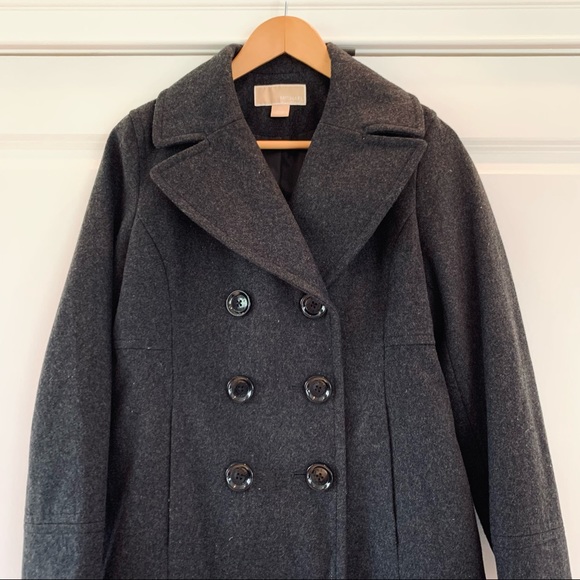 Michael Kors Pea Coat Wool Blend Gray Jacket Classic Double Breasted Small - Picture 2 of 8